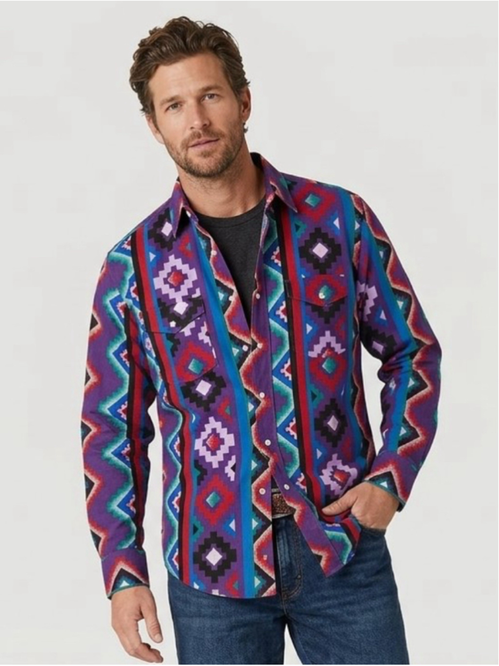 Men's Vintage 90s Wrangler Cowboy Cut Aztec Geometric Western Shirt 15.5 x 33